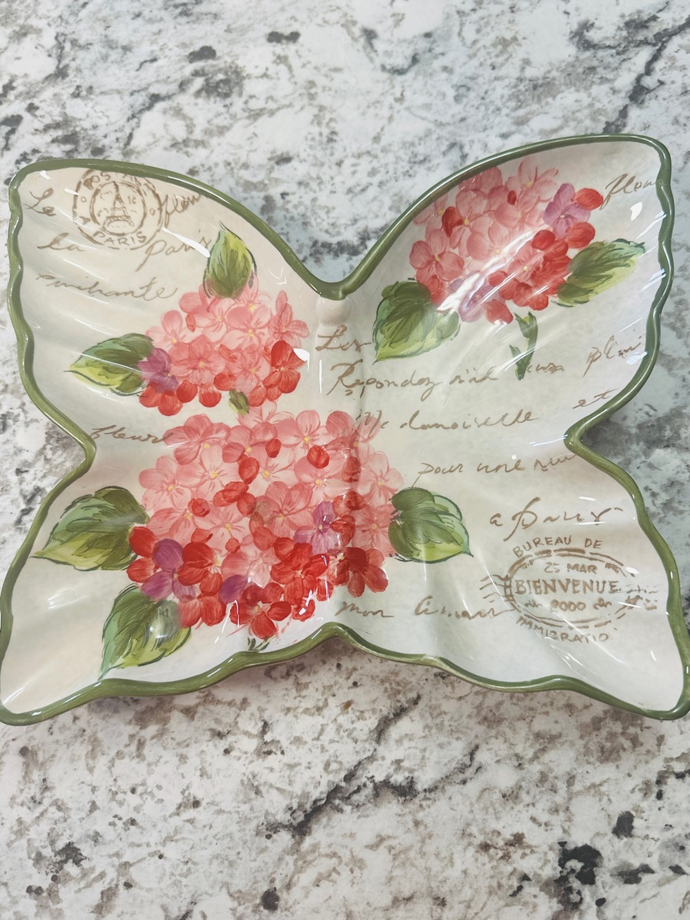 Butterfly Ceramic Serving Dish with Pink Hydrangea Motif